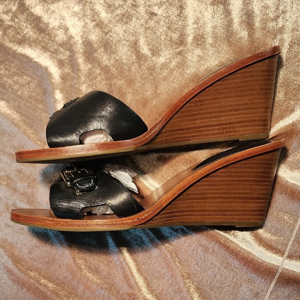 Coach Black Leather Paulena Wedges Mules with Buckle - Picture 2 of 4
